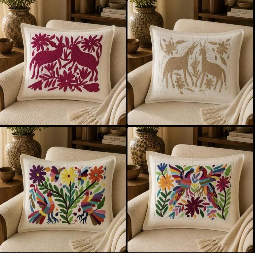 Tenango Embroidered Cotton Cushion Cover From Hidalgo Handmade By Mexican Artisans (ONLY COVER INCLUDED)