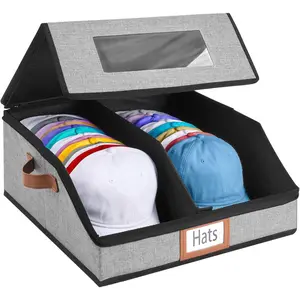 Hat Box for Baseball Caps, Large Hat Organizer with Clear Window, Hat Travel Case with Removable Dividers for 30 Caps & Cowboy Hats, Stackable Dustproof Hat Organizer for Closet & Travel, Grey