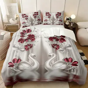 Romantic Swan Floral Duvet Cover Set, Includes One Quilt Cover and 1/2 Pillowcases, Luxury Bedroom Comforter Cover, Quirky Fashionable Bed Linen, Multiple Sizes Available