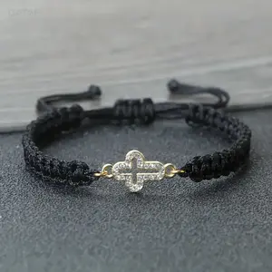Handmade Woven Cross Pendant Bracelet - Drip Oil Rhinestone Inlaid, Adjustable Rope, Trendy Fashion Jewelry for Students, Ideal BFF Casual Party Gift