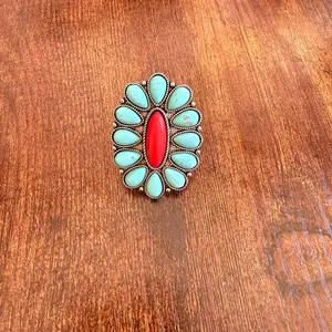 Western Turquoise & Red Stone Adjustable Ring