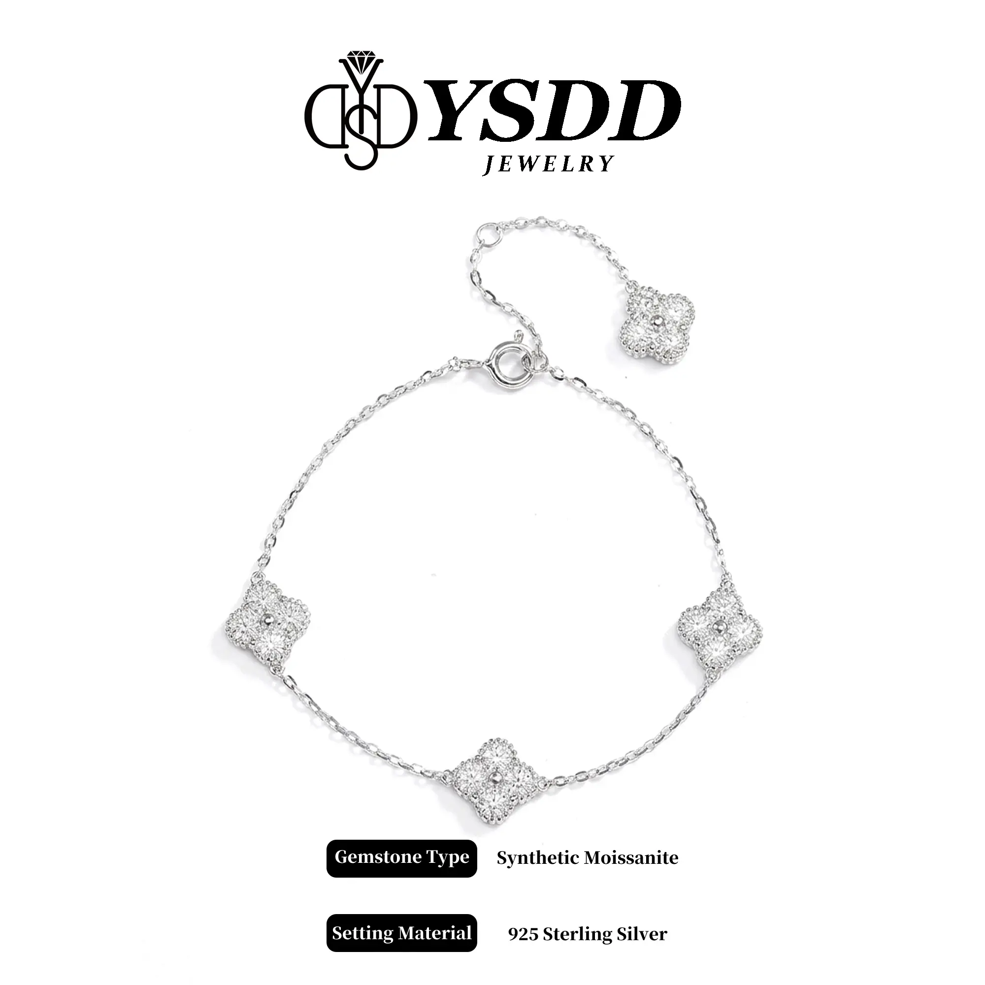 【6.13 LIMITED】Full Moissanite Clover Station Bracelet 16+5cm vvs Synthetic Moissanite Bracelet in 925 Sterling Silver