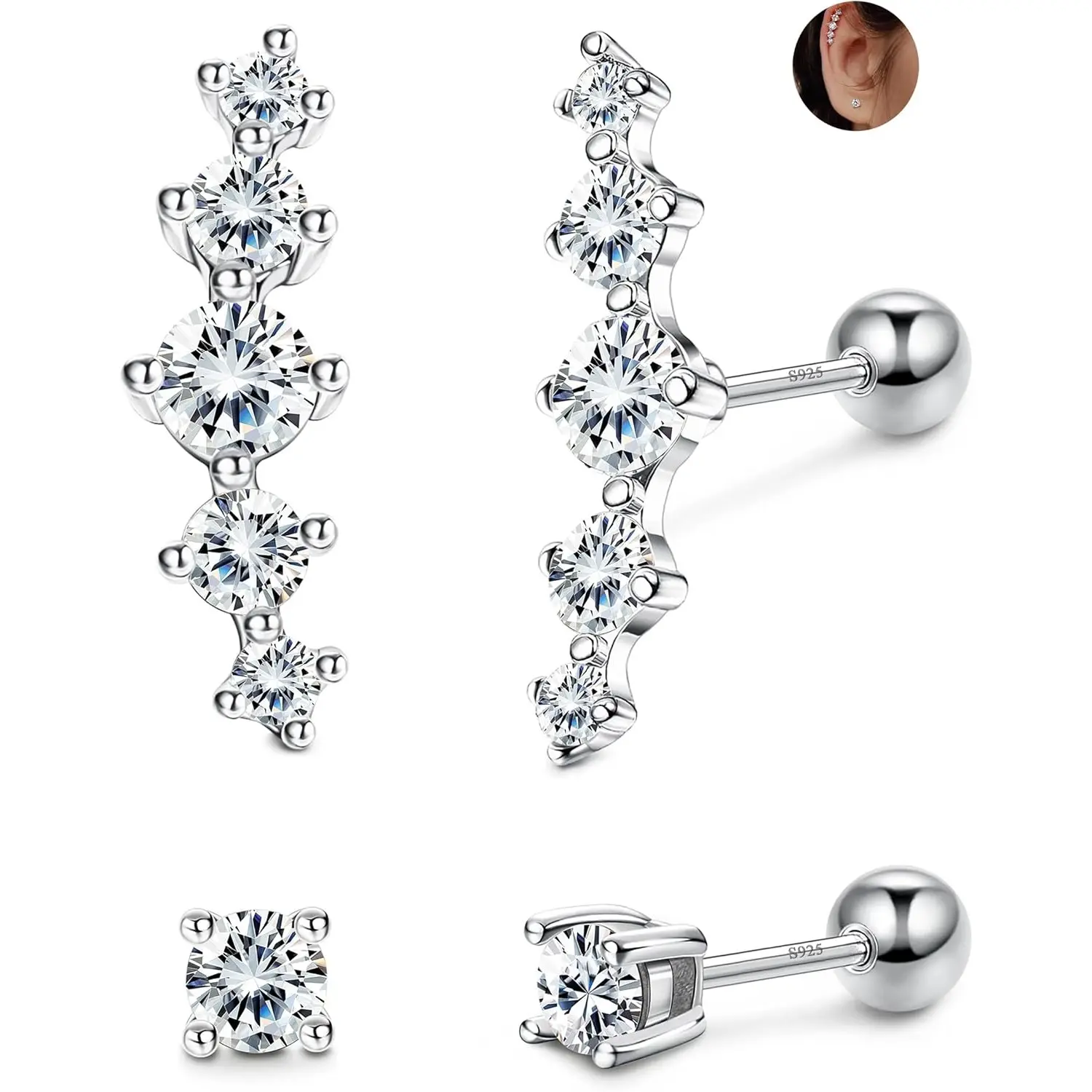 Unisex 2-Pairs Set 20G Silvery 3A CZ Leaf & Star Climber Earrings - Sensitive Ears-Friendly, Shiny Finish Jewelry for Helix, Conch, Cartilage Piercings