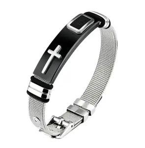 Men's Christian Cross Stainless Steel Adjustable Mesh Bangle Bracelet, Ideal Father's Day Gifts