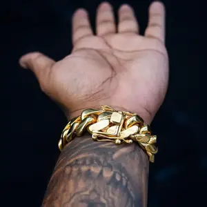 14k Gold Plated Heavy Men's Solid Cuban Link Chain Bracelet Brass Stainless Steel Miami Bangle Hip Hop Jewelry Gift