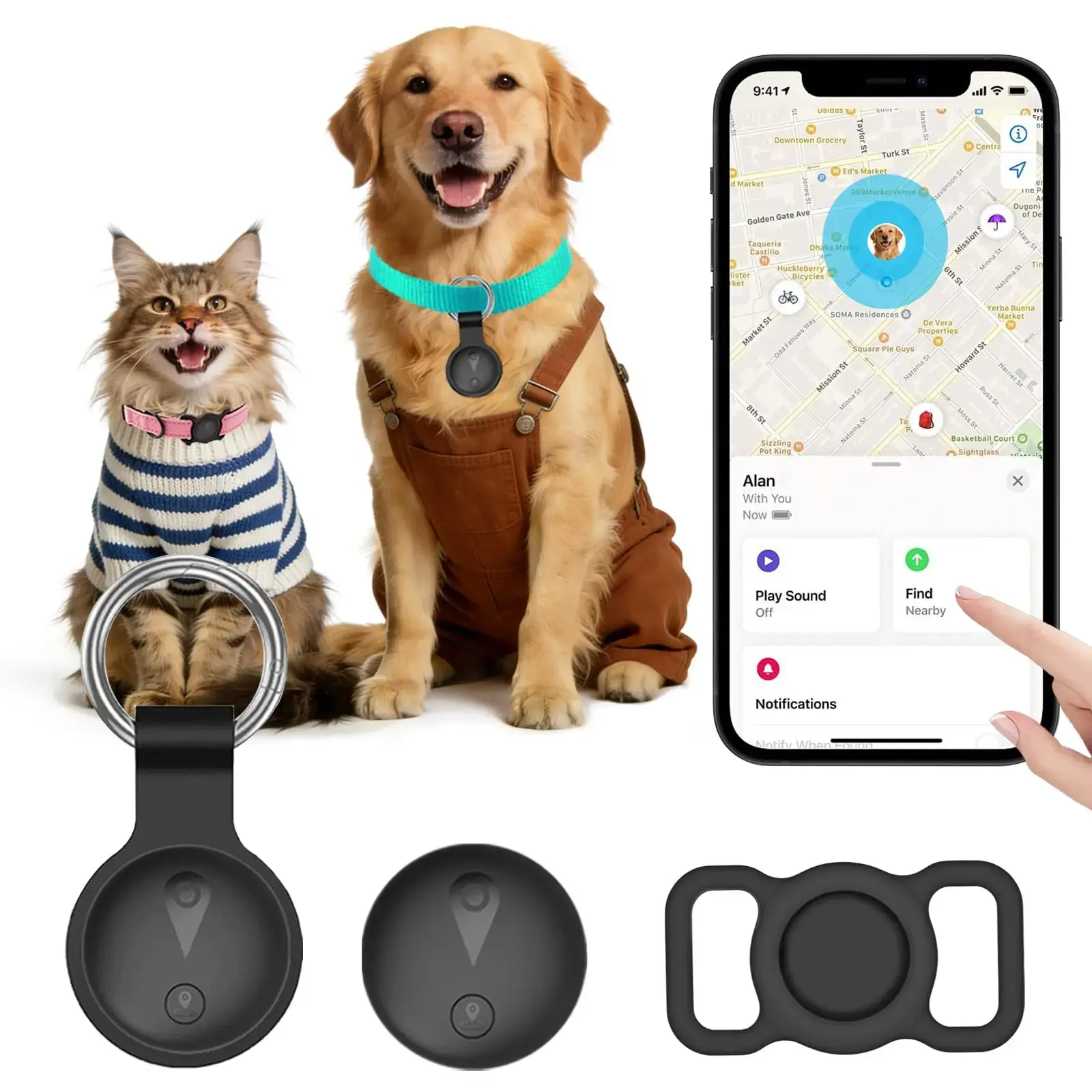 Wireless Pet GPS Tracker Collar - for Cats and Dogs, iOS "Find My" Compatible, Includes Silicone Collar Mount & Keychain Case, No Monthly Fee/SIM Card Needed, Anti-Loss Device