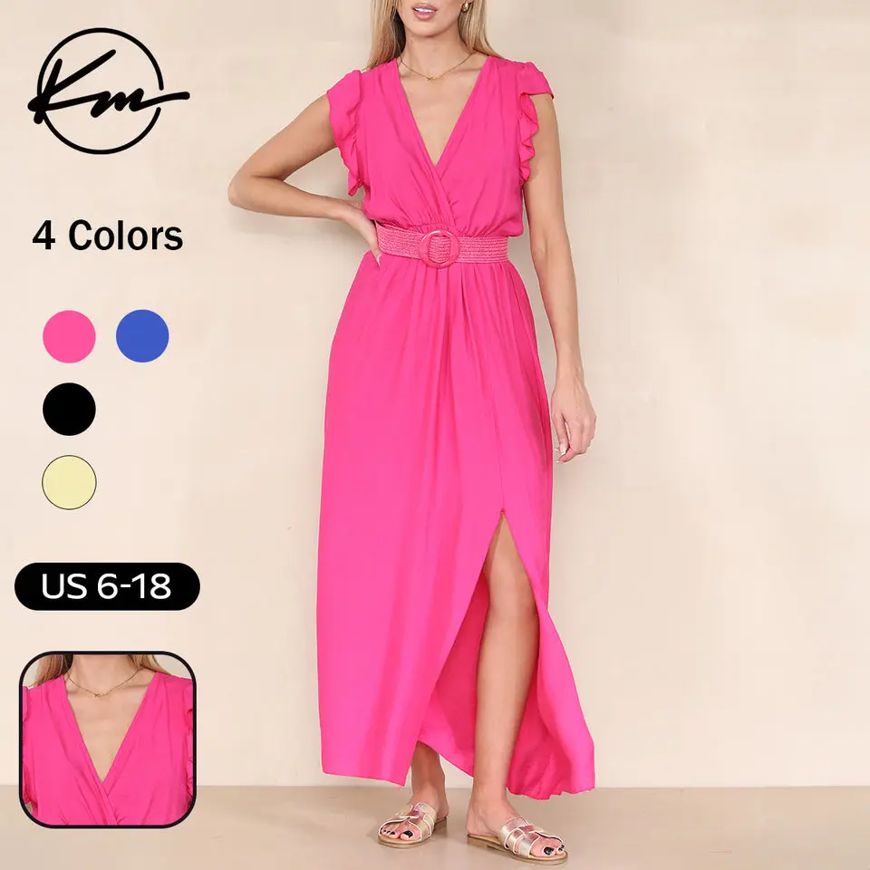 KatchMe Women's Elegant Solid Color V Neck Puff Sleeve Tie-Up Slit Maxi Dress(No Belt),Plain Summer Dresses for Lady,Birthday Outfits,Basic Womenswear