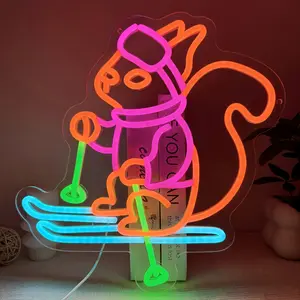 Squirrel for skiing Neon, Sign for Wall Decor-Squirrel Animal Neon Light Snowboard LED Neon, Signs Colorful Led Neon Lights for Bedroom, Pet Store for ski Decoration, Gift for Skiing Lover，5vUSB adjustable switch/Non-electric/Gift box packaging.