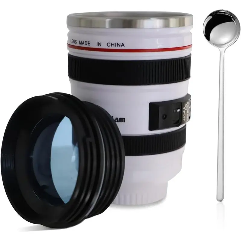 Camera Lens Coffee Mug - Stainless Steel, Travel Tumbler with Spoon, Ideal for Photographers and Water Drinkware - Bottled