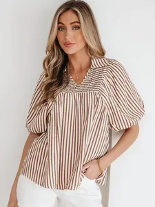 Women's Brown Stripe Shirred V Neck Short Puff Sleeve Collared Casual Shift Blouse