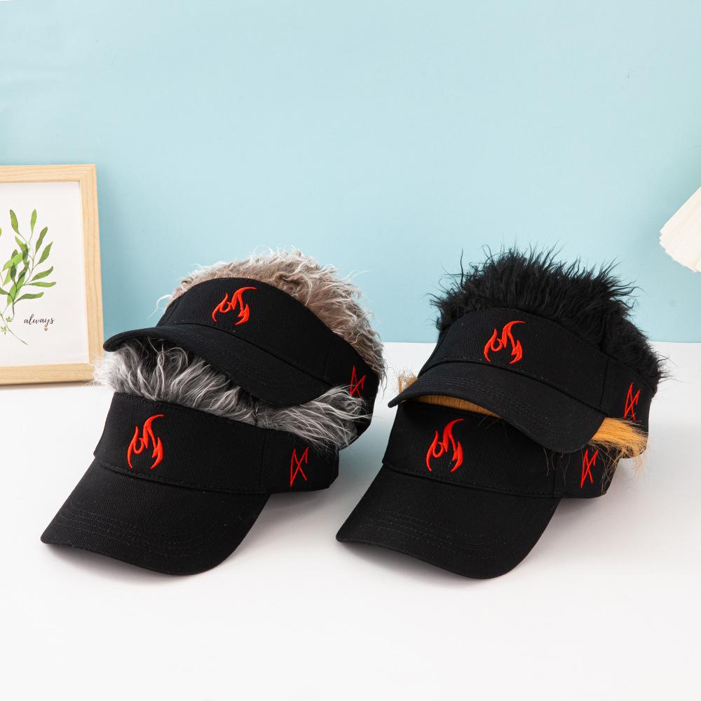 Outdoor sun protection, sunshade, UV protection wig baseball cap, men's and women's embroidered flame truck driver hat, hot-selling new style in Europe and America.