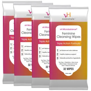 vH essentials Feminine Cleansing Wipes - pH Balanced, Prebiotics, Tea Tree & Aloe, Soothing Witch Hazel, Odor-Blocking Formula, Vaginal and Perianal Care, Paraben, Alcohol, and Fragrance-Free