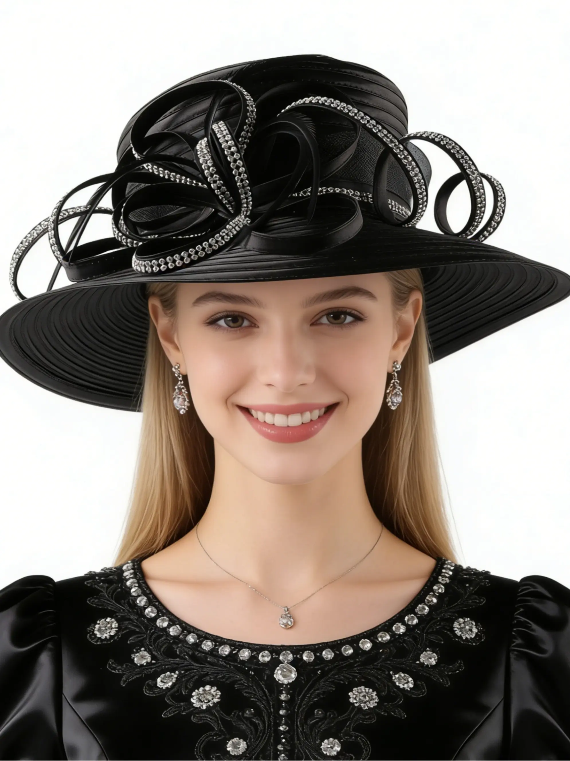 Elegant Women's Church Hat, Vintage Satin Rhinestone Bridal Hat, Party Tea Derby Hat, Sun Protection Wide Brim Hat, Sunday Chapel Hat