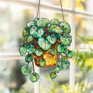 Green Plant Light Catcher, Glass Inspired Acrylic Window Suncatcher, Handmade Plant Themed Decor for Garden, Patio, Gift for Plant Lovers