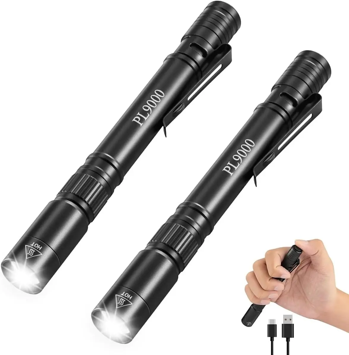 2Pack Pen Flashlight Rechargeable PL9000, 5Mode Bright Pen Light Flashlight High Lumens, Waterproof Pocket Flashlights, EDC Adjustable Tactical Flash Light, LED Small Lights with Clip for Emergencies