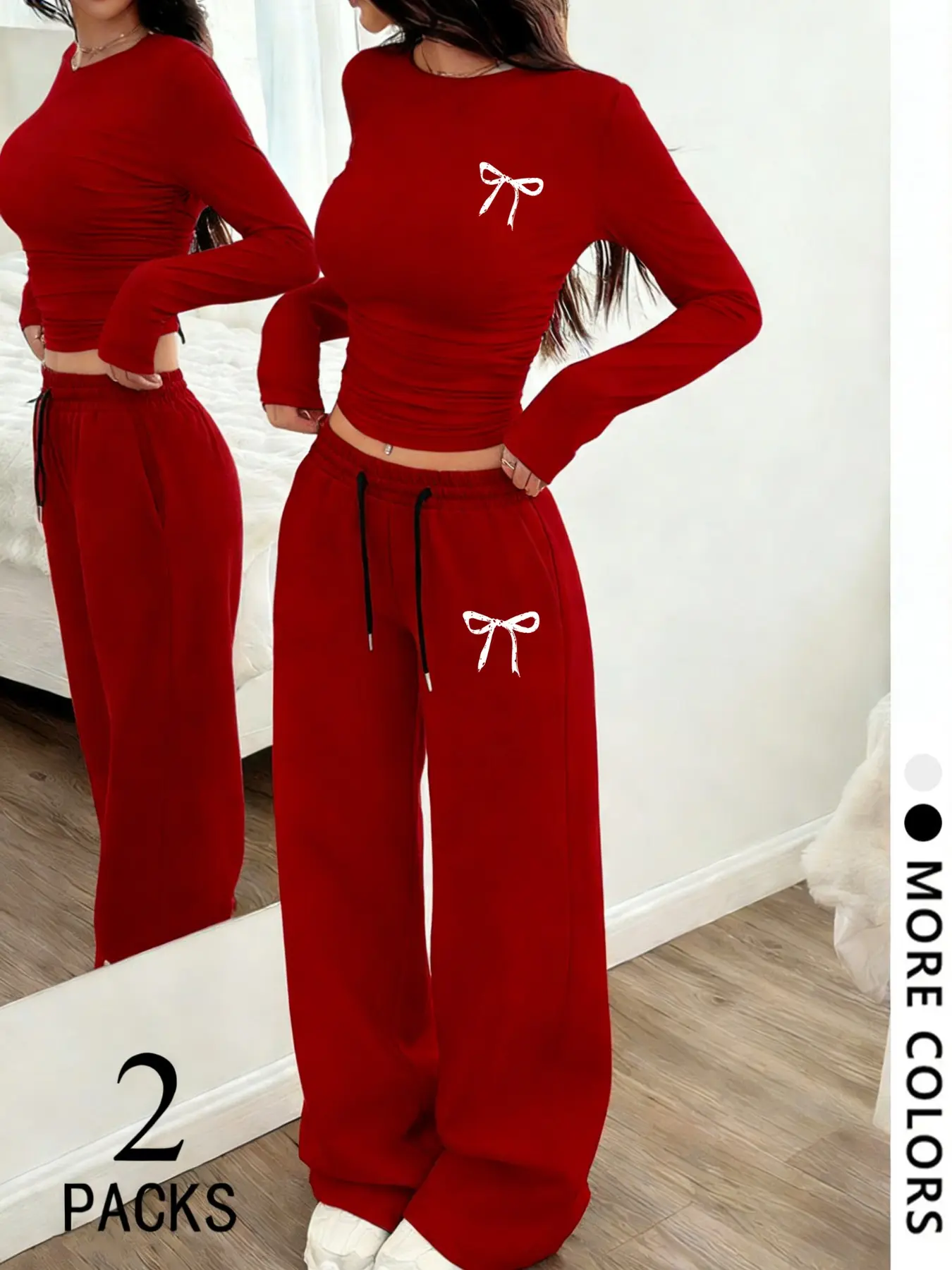 Women's Lady Two-Piece Set Outfit, European Style Casual Aesthetics Round Neck Long Sleeve Top, Straight Leg Pants, Comfortable Fabric, Perfect for Daily Wear, Travel, Shopping, Sleep, Womenswear, Casual Loungewear Set