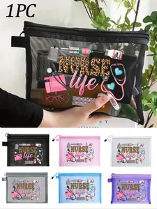 Mesh Nylon Nurse Theme Cosmetic Bag,  leopard print letter pattern "nurse life", With Nurse Pattern, Medicine Bag, Pill Bag,Portable Multi-Purpose Cosmetic Bag, Cosmetic Pouch, Makeup Organizer Pouch, Gifts For Doctors And Nurses Returning To School