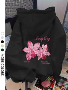 Women's Casual Hooded Sweatshirt, Floral Leopard Print Letter Design, Loose Fit Drawstring Pocket, Fall Winter Fashion Pullover Tops