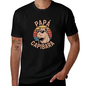 Men's Casual Short Sleeve T-Shirt - Playful Spanish Quote "PAPA CAPYBARA" Capybara Sunset Graphic Tee, White Geometric Print Summer Shirt, Machine Washable Regular Fit, Capybara T Shirt, Casual Attire, Vintage Graphic Tee, Relaxed Fit Shirt
