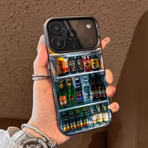 Refrigerator Design Wine Bottle Pattern Case for iPhone 17 Pro Max 17 Air 16/15/14/13/12/11 Pro Max XR XS E Plus Retro High-end Shockproof Drop Screen Protection Cute Durable PC Smartphone Cover