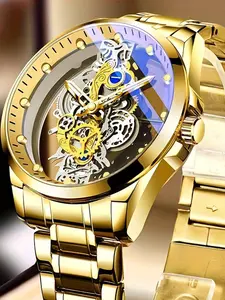 Men's Fashion Sporty Watch, Hollow out Design Round Dial Clasp Analog Quartz Watch, Elegant Business Wristwatch for Daily or Formal Occasions As Gift, with Box