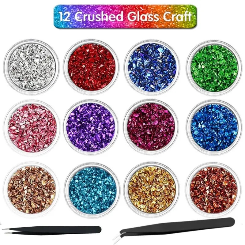 12pcs Crushed Glass Chips Resin Flakes Irregular Metallic Broken Glass Glitter Sequins Kit with Tweezers, Chunky Crushed Crystal Chips for Nail Art, Epoxy Resin Crafts, Jewelry Making, DIY Ornament, Slime, Body Makeup Decoration