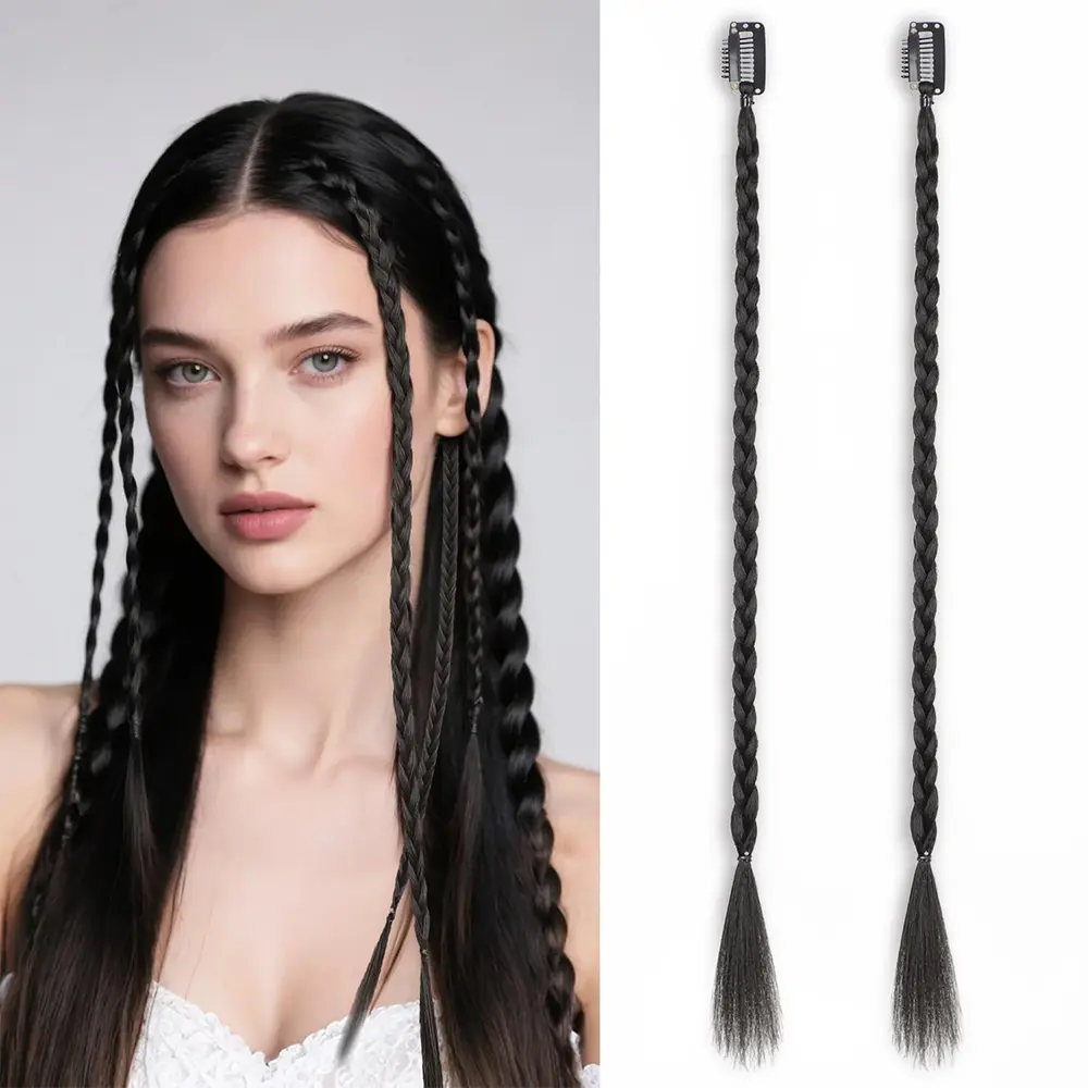 AISI HAIR 2PCS Clip in Braid Hair Extensions for Women 20 Inch Clip in Braids Synthetic Braided Hairpieces for Daily Costume Party Wavy Ombre Wig