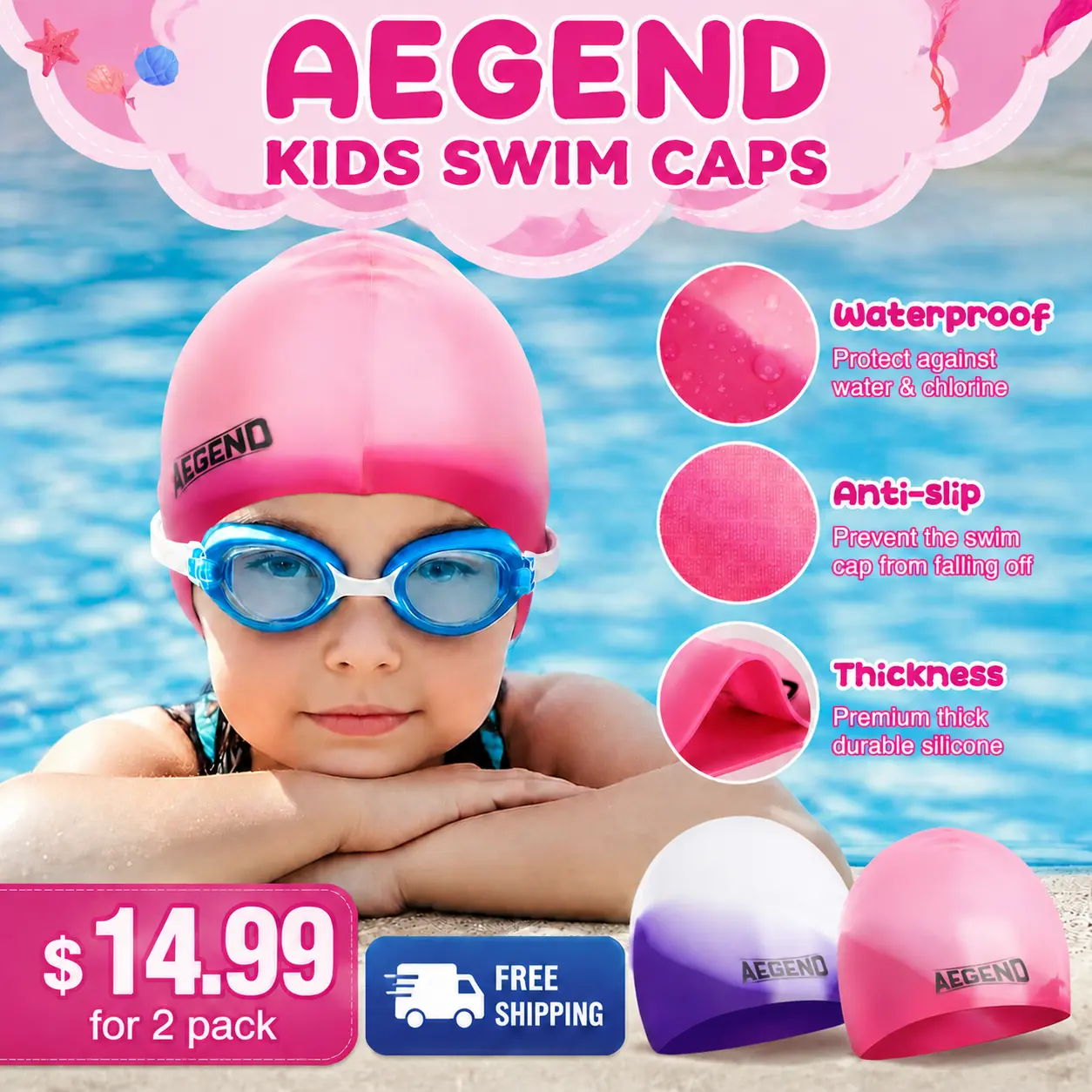 Aegend Unisex Silicone Swimming Caps 2-Pack - Tear-Proof, Ultra-Stretch, Durable, 2 Sizes for 4-12 Years’ Long/Short Hair, Mixed Colors Summer Swimmable Swimming Accessory, Swimmable Swimming Caps,camping essentials tiktokshopbacktoschool