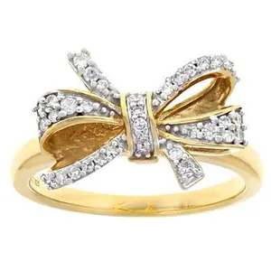 JTV Round White Lab-Grown Diamond G-H SI 14K Yellow Gold Over Sterling Silver Bow Ring 0.20ctw
