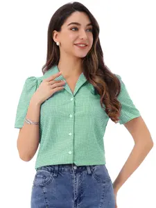 INSPIRE CHIC Summer Gingham Blouse for Women Short Sleeve Vintage Button Down Plaid Shirt Top