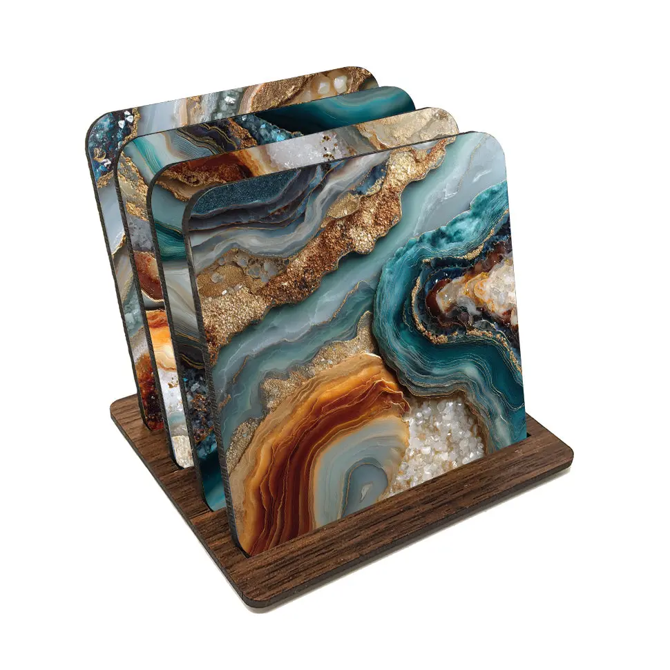 Teal & Gold Agate Coaster Set