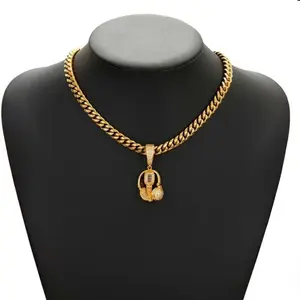 Music Headset DJHeadphones Microphone Baguette Custom Pendant lced Diamond Cz Necklace Men Women ltaly Men's Choker Chain, 14kGold Miami Cuban ómm Chain Necklace Choker,Diamond Pendant