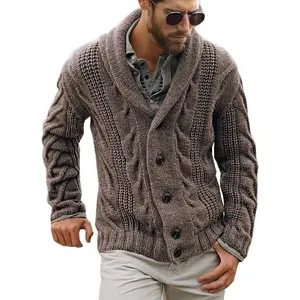 Mens Cable Knit Cardigan Sweater Shawl Collar Loose Fit Long Sleeve Casual Cardigans