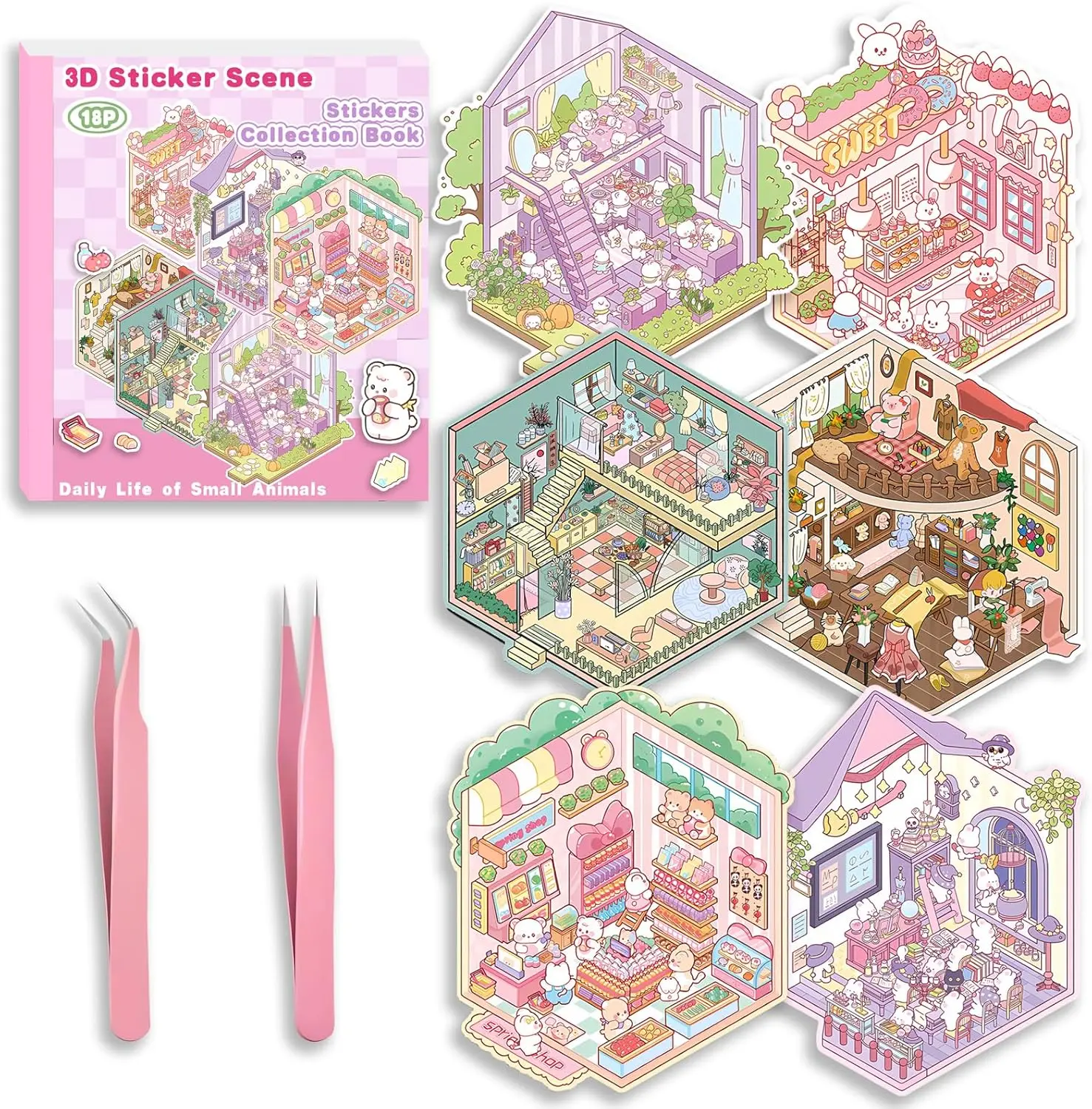 Summer Spring Gift DIY 3D Sticker Scene Collection Book for Stress Relief - 6 Sets of Make Your Own Mini Shop Scenes Stickers for Girls Kids Adult Sticker Therapy Cute Animal Stickers for Birthday with Tweezers