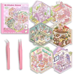 Easter Gift DIY 3D Sticker Scene Collection Book for Stress Relief - 6 Sets of Make Your Own Mini Shop Scenes Stickers for Girls Kids Adult Sticker Therapy Cute Animal Stickers for Birthday with Tweezers