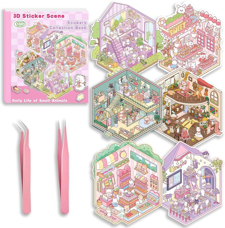 Valentine's Day New Year 2026 Gift DIY 3D Sticker Scene Collection Book for Stress Relief - 6 Sets of Make Your Own Mini Shop Scenes Stickers for Girls Kids Adult Sticker Therapy Cute Animal Stickers for Birthday with Tweezers