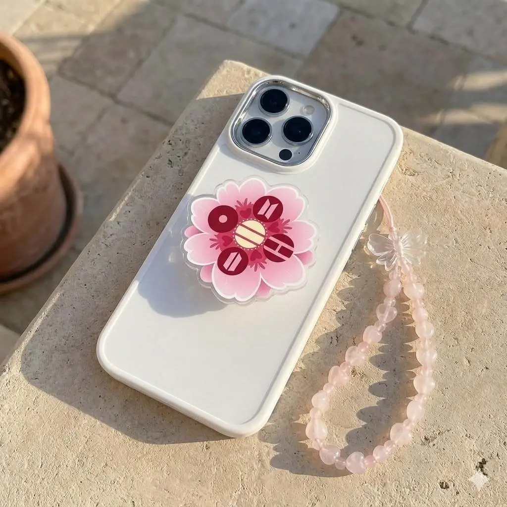 Sweet Blossom Bee Design Phone Holder - Unique Artistic Acrylic Griptok for Aesthetic Smartphone Customization and Accessory