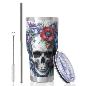 Skull 30 Oz Lce King Cup, Stainless Steel Top Bottom KeepsHot Cold Odor Free Slide Open Lid Flip Lid Suitable ForHome Office Outdoors Sports, Can Be Consumed DirectlyOr Used with a Straw, Skull Design I Stainless Steel Mug ,F_00040