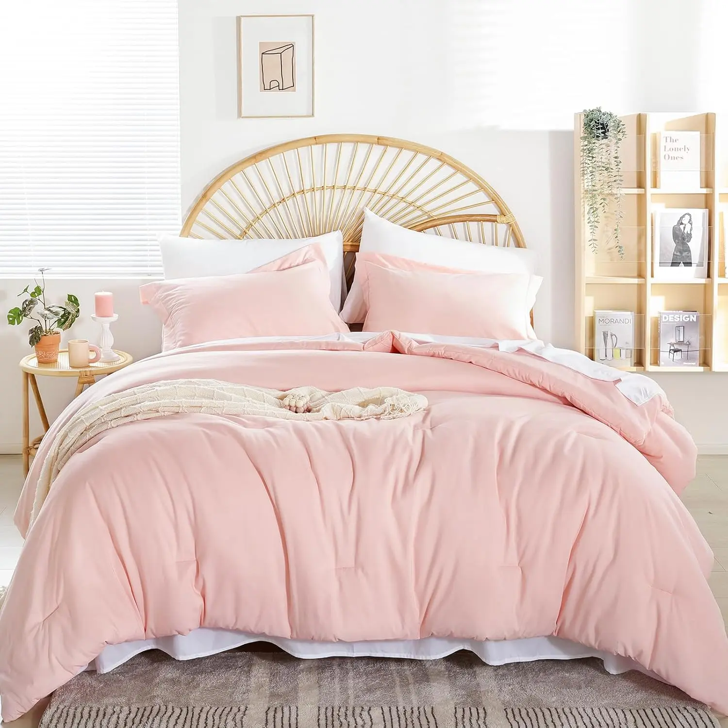 Blush Pink Queen Bed Comforter Sets - 7-Piece Soft Quilt Set with Flat Sheet, Fitted Sheet, Pillow Shams, Pillowcases for All Seasons