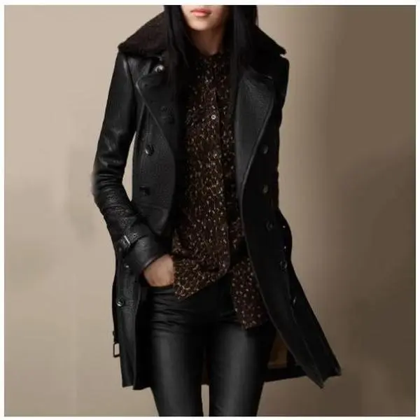 BIGWIG women's long open-collar leather jacket, long trench coat with faux leather lapels, long PU jacket, faux leather jacket, fashionable motorcycle jacket, gothic black trench coat, soft leather motorcycle jacket, leather jacket slim fit coat