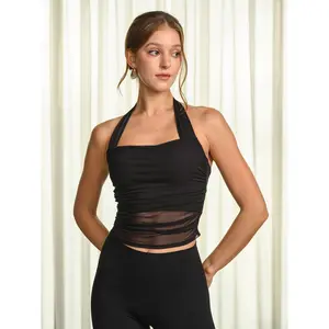 BERLOOK Black Halter-Neck Ruched Mesh Crop Strappy Sports Bra - Light Chic Nylon Fabric for Women's Workout Sets and Matching Bottoms, Strappy Sports Bras, Workout Sets Women