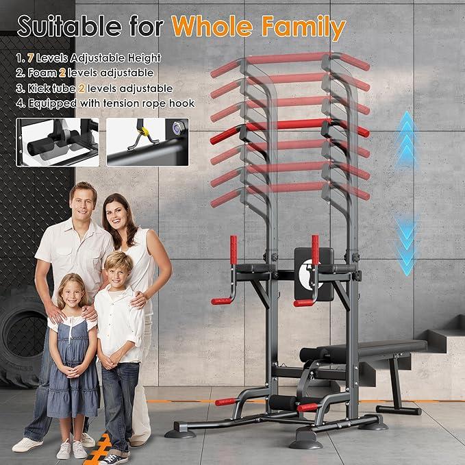 Nicole Selection Multi-Function Power Tower - Adjustable Pull Up & Dip Station with Folding Bench 330LBS Capacity Home Gym Equipment for Full Body Workout, 40YKMF6206B, For Christmas Gifts
