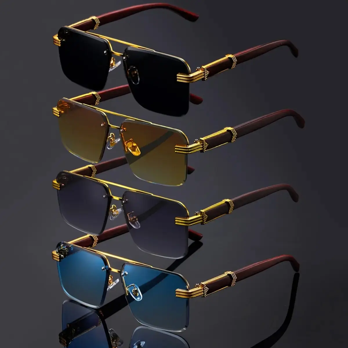 Retro Rimless Sunglasses With Gold Accents, Polarized Lenses And Wooden-Like Arms, Stylish Unisex Eyewear For Casual Wear And Outdoor Activities