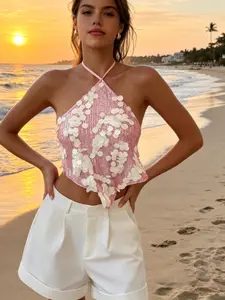 Oversized Sequin Halter Top – Backless Sparkly Vacation Party Outfit