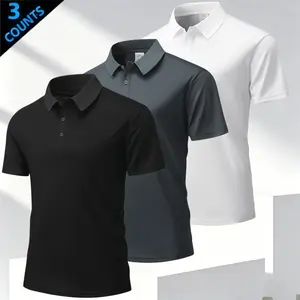 Three solid-color men’s polo shirts in a business-casual style featuring a classic turn-down collar design with refined button detailing. Short sleeves offer a versatile fit for multiple seasons, while the mesh fabric is breathable and skin-friendly. A sl
