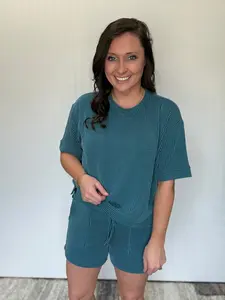 Teal Raised Rib Tee & Shorts Set by Zenana