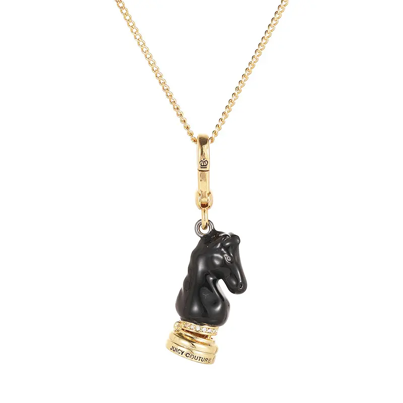 Elegant Female LUCKY CHESS Animal Black Knight Pendant Necklace, Hand-Painted Long Stainless Steel Chain Jewelry, Waterproof, Multi-Use for Backpack & Casual Outfits, Meaningful Graduation Gift (Choking Hazard Small Parts)
