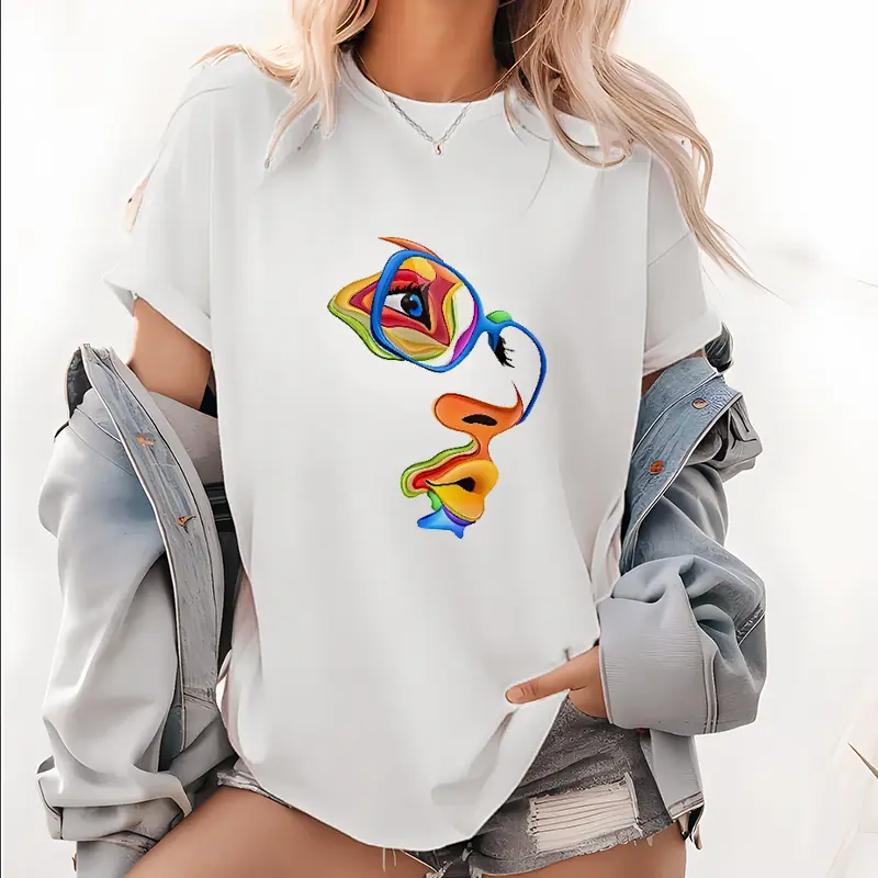 Women's Colorful Abstract Face Print Round Neck Tee, Fashion Casual Short Sleeve T-shirt for Daily Wear, Ladies Summer Clothes, Womenswear, Graphic Tees Women, Funny Graphic Tees
