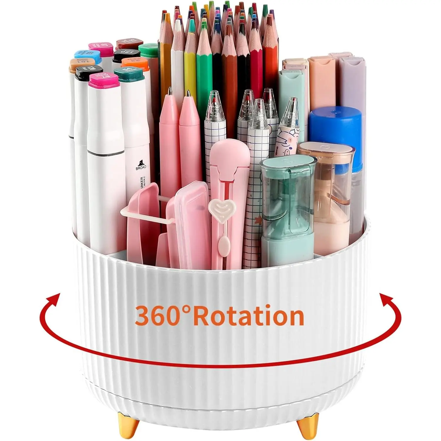 360° Rotating 5-Slot Desk Pencil Pen Holder - Colorful Compartmentalized Caddy Desk Supplies Organizer & Dispenser, Clutter-Free Desktop Stationery Storage for Office, Home, White, 360° Rotating Swivel Desk Supplies Organizers & Dispensers, Caddy Desk Sup