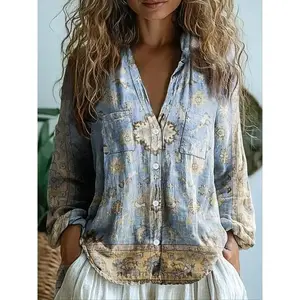 Women’s fully printed boho casual long-sleeve button-up shirt, suitable for daily wear and vacations; all-season women’s clothing; milk pink; navel-baring design; Amanda blue GARMENTARY